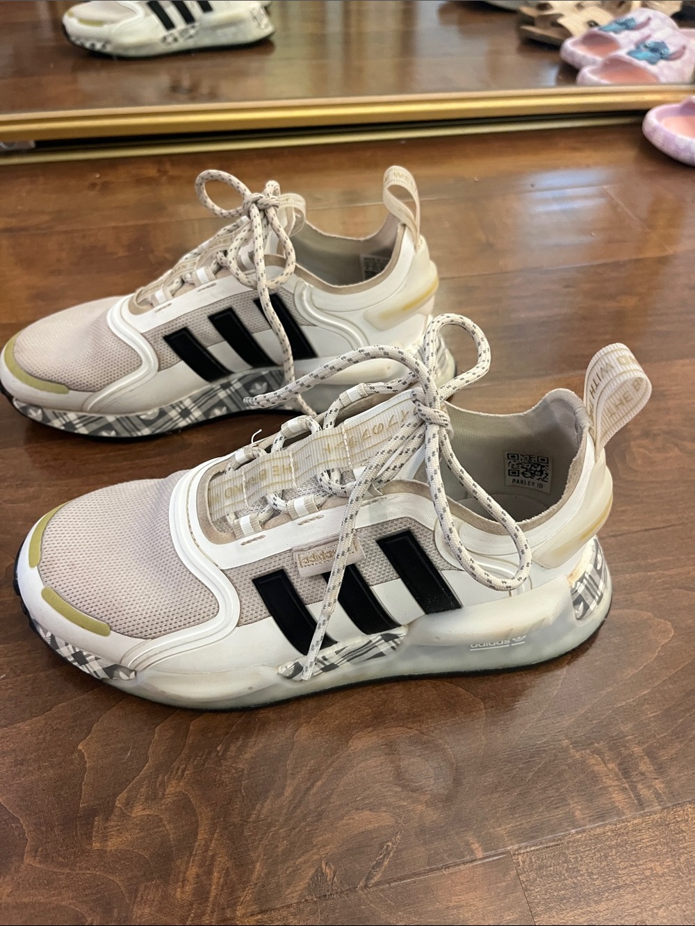 Kids Adidas Athletic Sneakers in Beige with Black Stripes